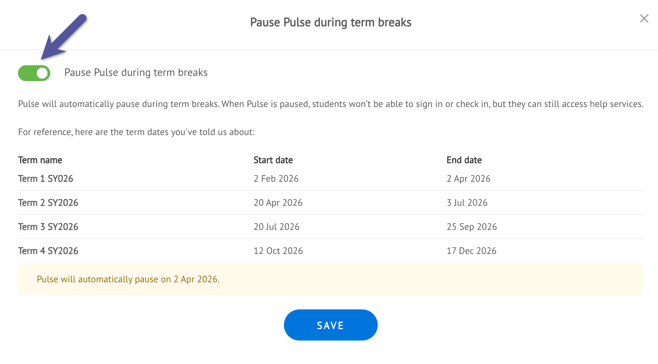 Pause pulse during term breaks toggle